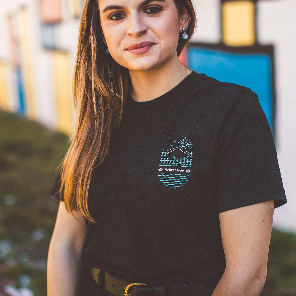 Model wearing the NativeMade Mountain T-shirt